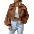 thumbnail image 2 of DeHolifer Women's Cropped Shacket Button Down Lapel Long Sleeve Corduroy Crop Jacket Brown L, 2 of 8