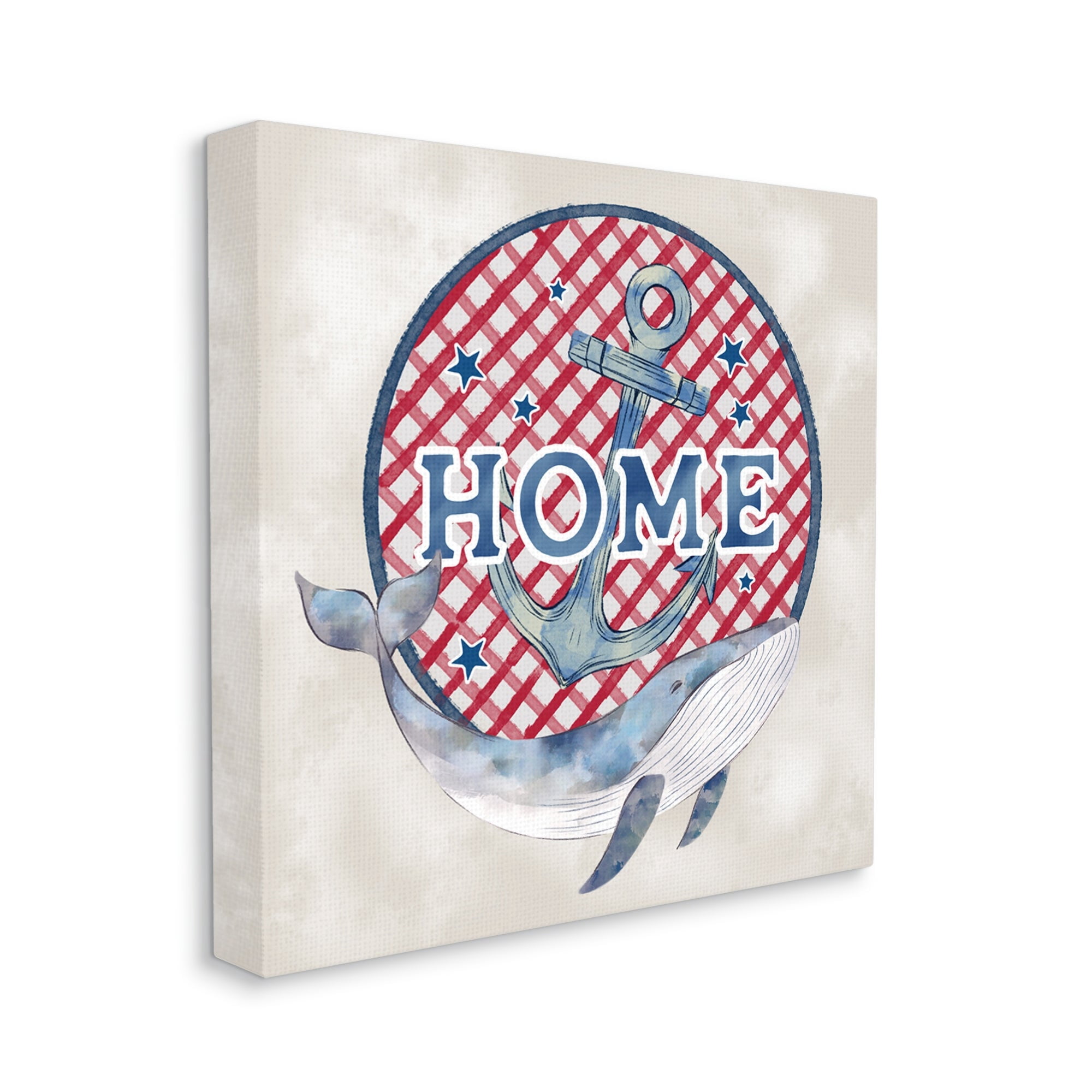 Stupell Industries Checkered Pattern Home Sign Anchor Whale Watercolor Graphic Art Gallery Wrapped Canvas Print Wall Art, Design by Ziwei Li