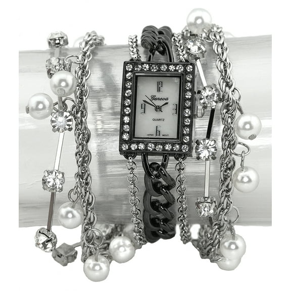 Ladies black and Silver tone multi-stran bracelet clubbing watch 27 mm 8mm thick CZ case.
