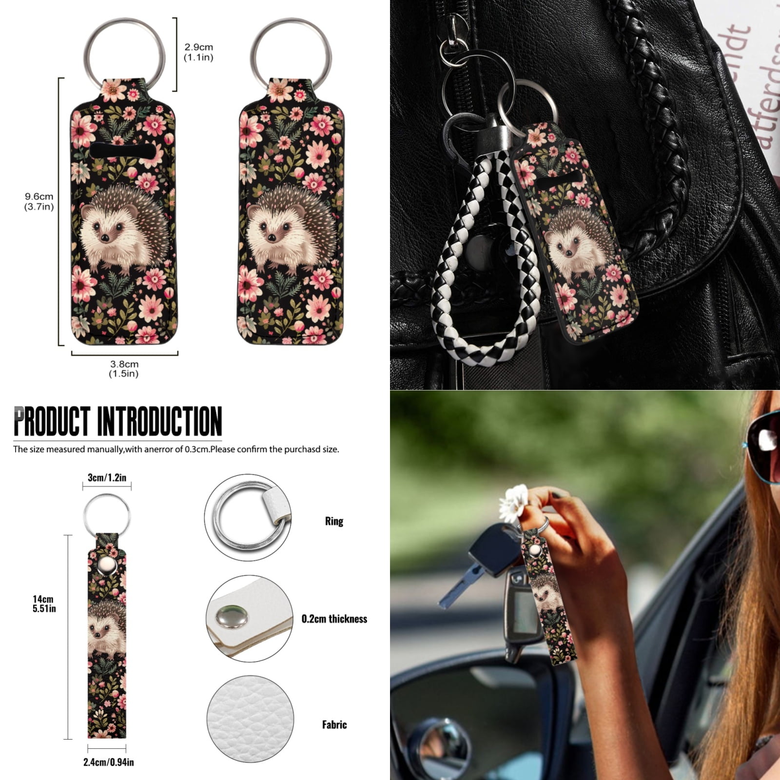 Jeiento Hedgehog Car Interior Accessories Full Set Car Seat Covers Steering Wheel Seat Belt Covers Flowers Car Trash Can Coasters Rear View Mirror Covers Keychains Lipstick Covers Set of 13
