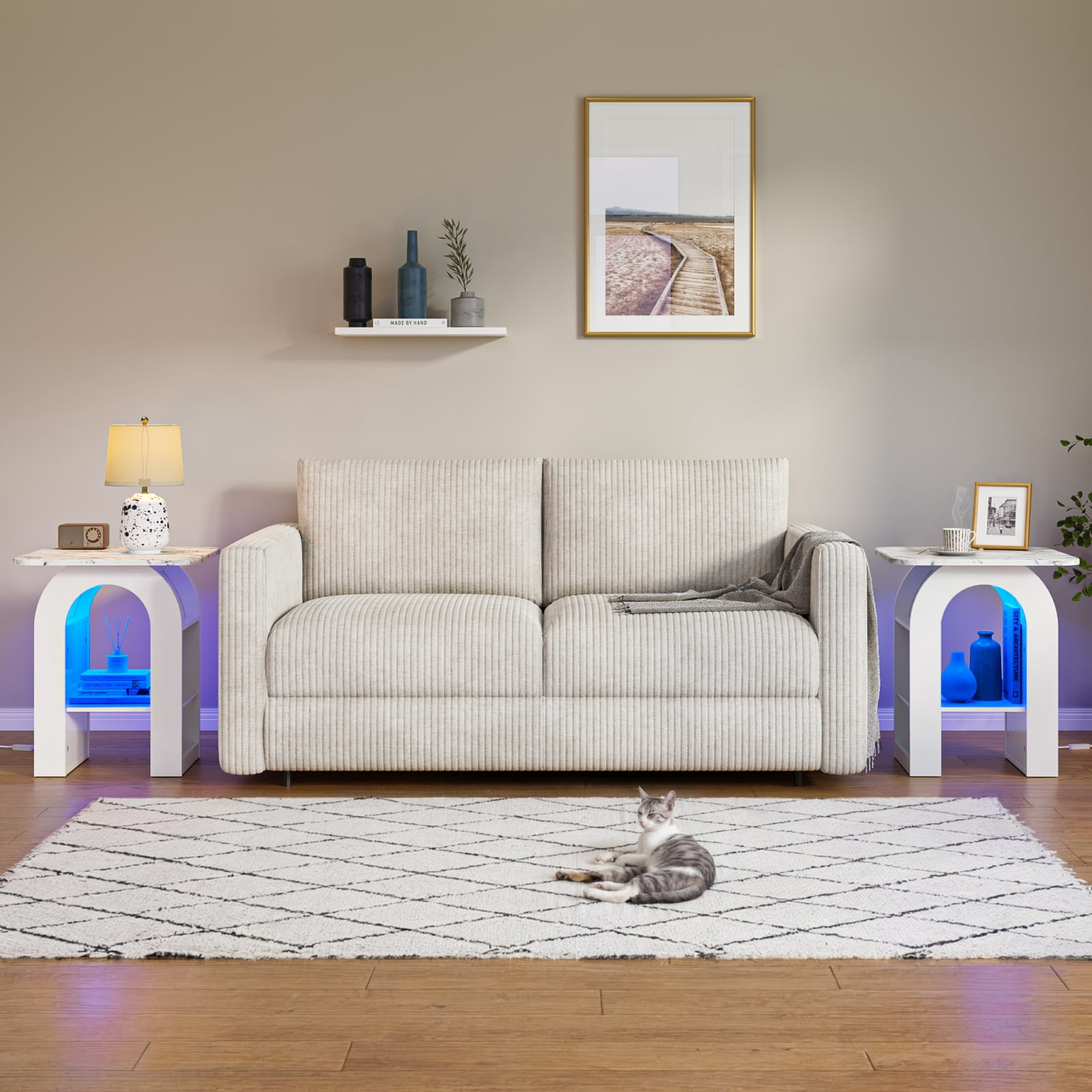 Small End Tables Living Room Set of 2 for Small Spaces, 19"W Marble Look Top Nightstand with RGB Strip, Side Table with Storage Shelf(White)