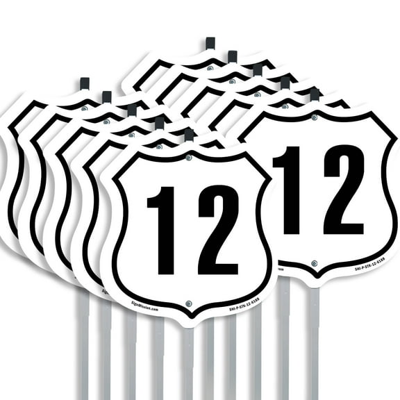 Number 12 (10 Pack) 12 inch X 12 inch Shield Shaped Rust-Free Aluminum Metal Signs with Aluminum Mounting Stakes Weather Resistant Made in the USA