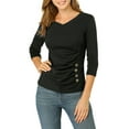 thumbnail image 1 of Blusa arrugada para mujer INSPIRE CHIC con decoración de botones, cuello en V, manga 3/4, top de punto sólido, 3XL, negro, 1 of 7