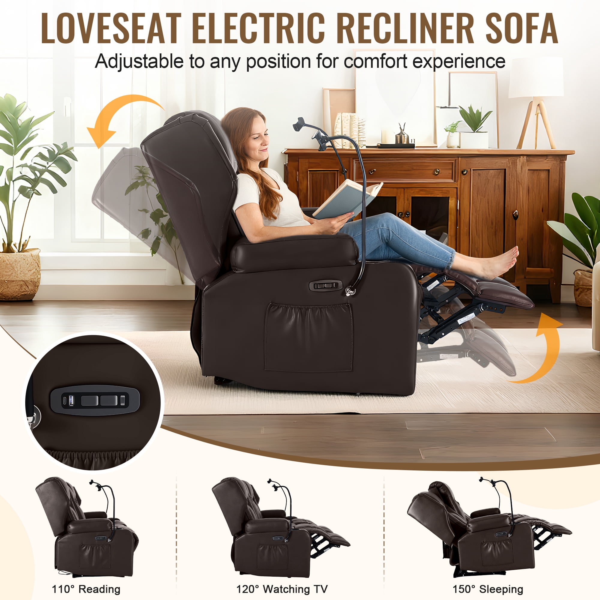 ROOMARK Loveseat Recliner Double Recliner RV Sofa & Console | Wall Hugger Loveseat Reclining RV | RV Theater Seats | RV Couch | RV Home Theater Seating Furniture