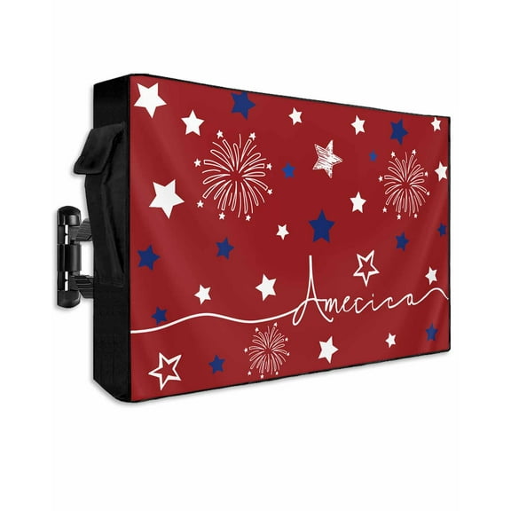 Red 4th of July Outdoor TV Cover 40 to 43 Inch Weatherproof, Independence Day Blue White Star Fireworks 600D Oxford TV Covers with Waterproof Zipper, Outside Flat TV Screen Protector 40"Wx25"Hx4.5"D