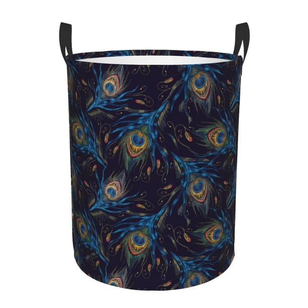 Balery Peacock Feathers Cesta de ropa redonda con asas, impermeable, independiente, para ropa, juguetes, dormitorio y familia-Small