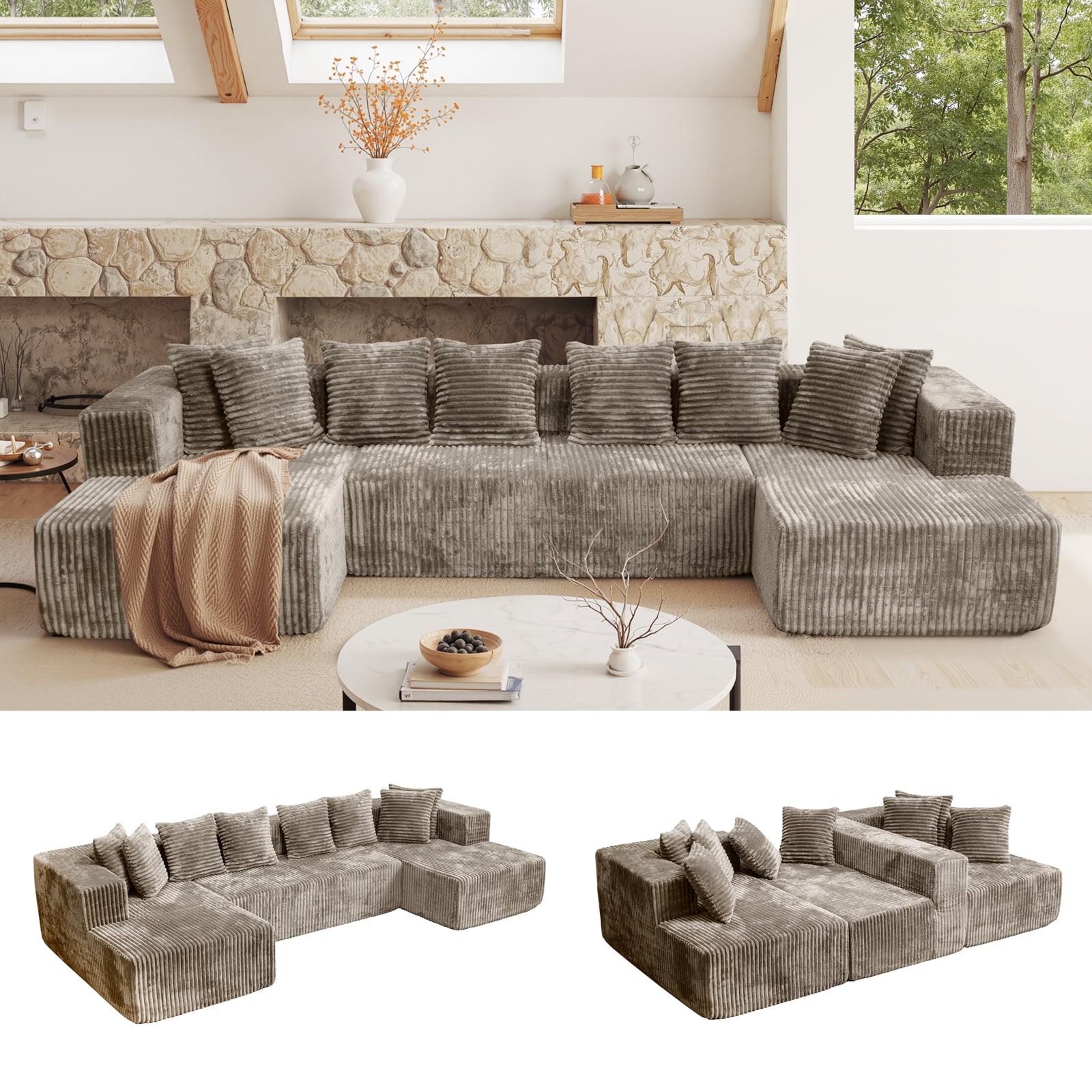 Kelyda 130'' U Shaped Sectional Couches, Modern Deep Seat Foam Boneless Cloud Sofa for Living Room Light Coffee
