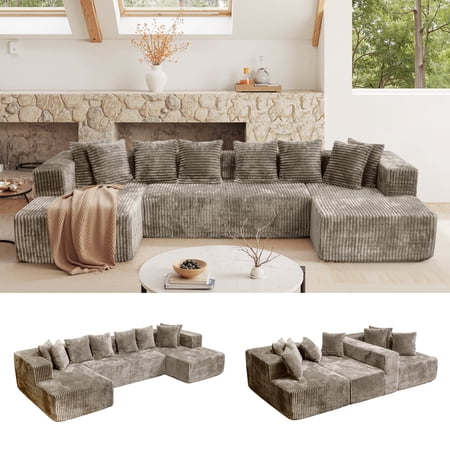 Kelyda 130'' U Shaped Sectional Couches, Modern Deep Seat Foam Boneless Cloud Sofa for Living Room Light Coffee