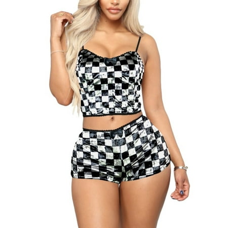 

Women s Velvet Shorts Sets Spaghetti Strap Sleeveless Crop Top Shorts Babydoll Satin Pajama Set Sleepwear Lounge Wear