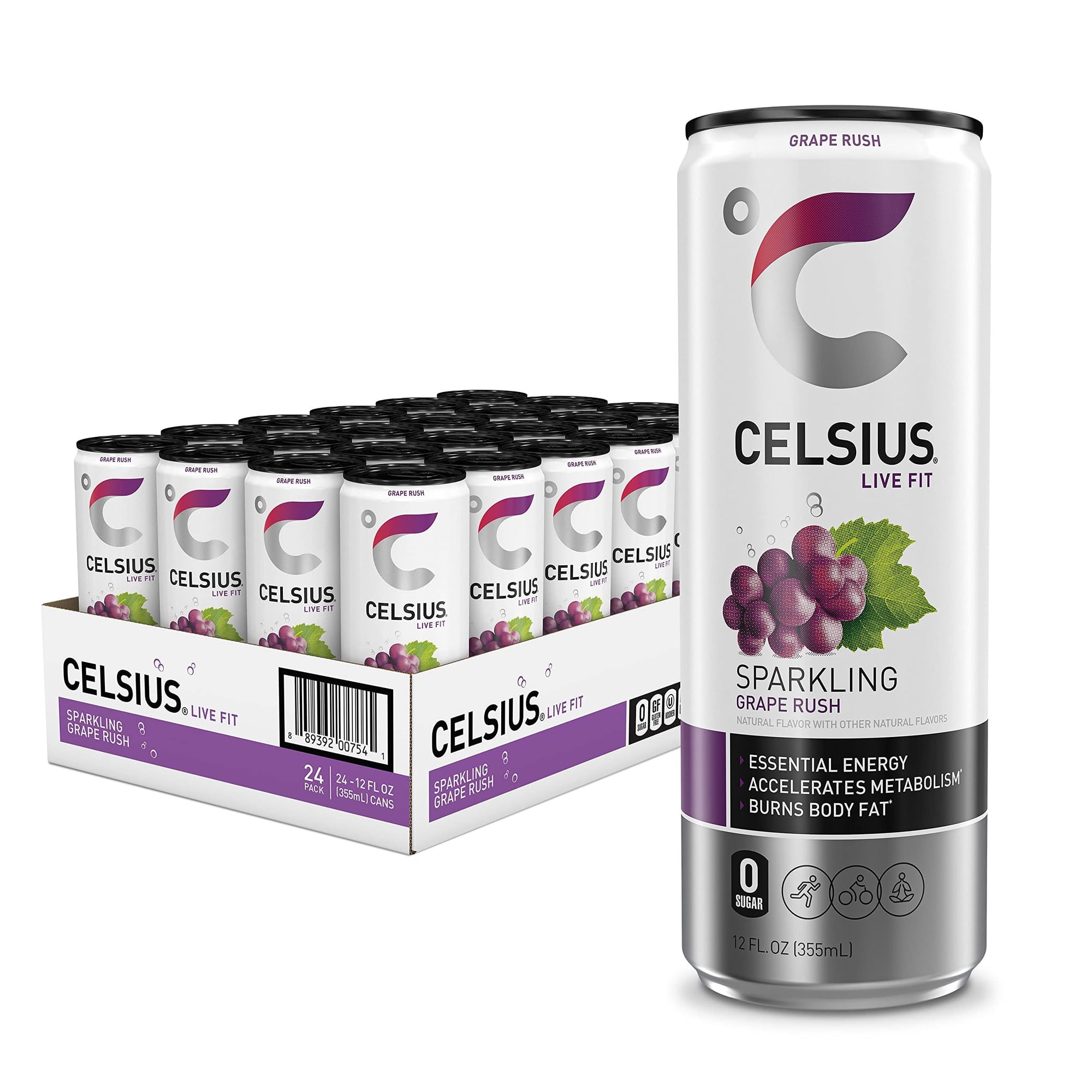 CELSIUS Sparkling Grape Rush, Functional Essential Energy Drink, 12 Fl Oz Pack of 24