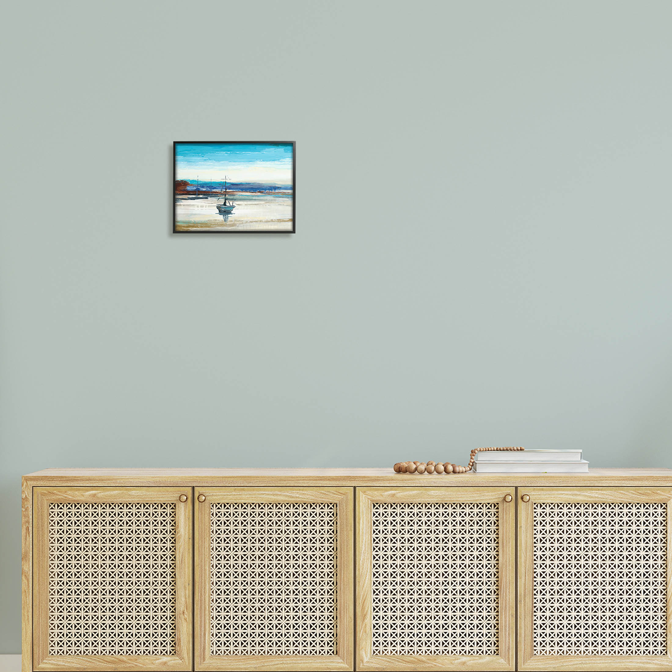 Abstract Boat Sea Reflection Coastal Painting Black Framed Art Print Wall Art