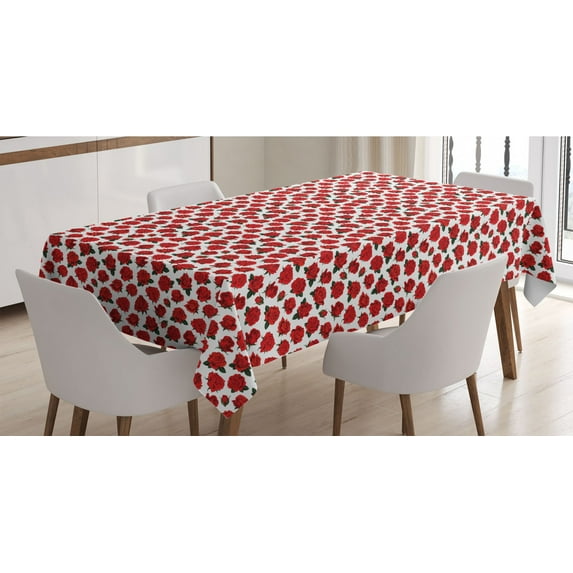 Roses Tablecloth, Romantic Valentines Day Pattern with Realistic Flowers Image, Rectangle Satin Table Cover Accent for Dining Room and Kitchen, 52" X 70", Vermilion White, by Ambesonne
