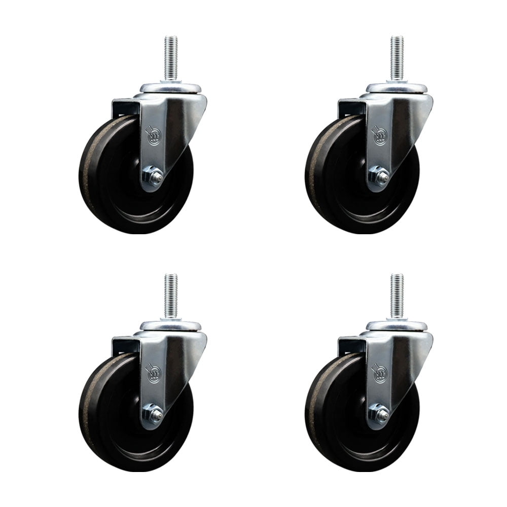 Phenolic Swivel Threaded Stem Caster Set of 4 w/4" x 1.25" Black Wheels