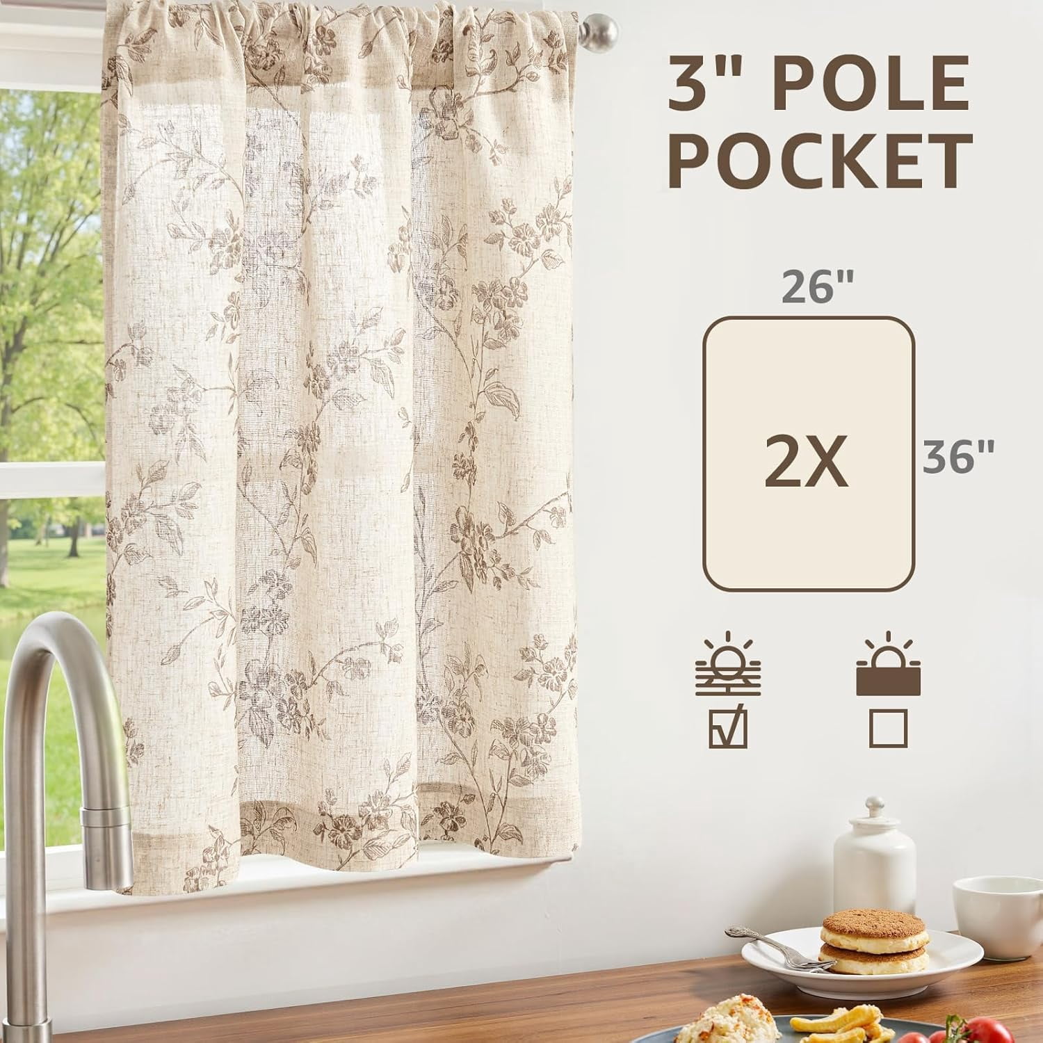 Floral Kitchen Curtains Linen Tier Curtains Farmhouse Cafe Half Window Drapes Over Sink Light Filtering for Living Room Laundry RV Rod Pocket Panels Taupe on Beige