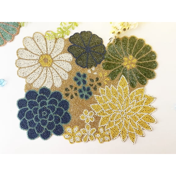 Set of 2, Handmade beaded placemat, floral table mat, bead charger plate