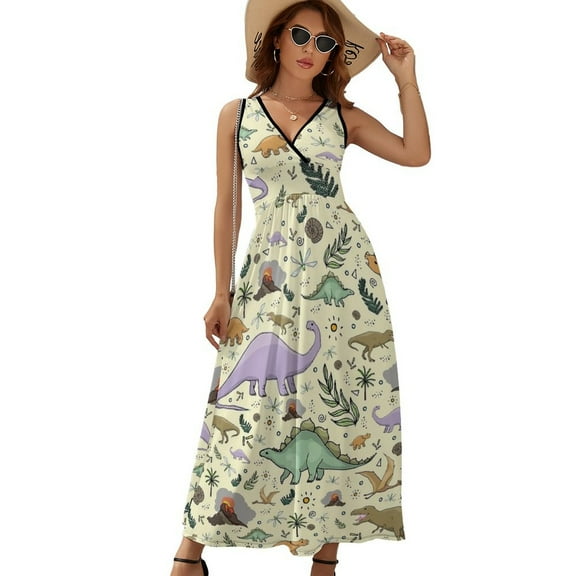 Dinosaurs in Yellow Dress Summer Street Style Bohemia Long Dresses Female Sleeveless Printed Maxi Dress