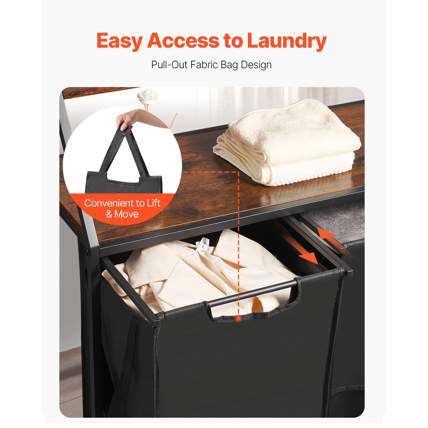 KFFKFF 2-Tier Laundry Organizer with Metal Frame and Wooden Top, Rolling Basket Storage with Ladder Shelves and Durable 600D Oxford Cloth Bags for Sorting Clothes