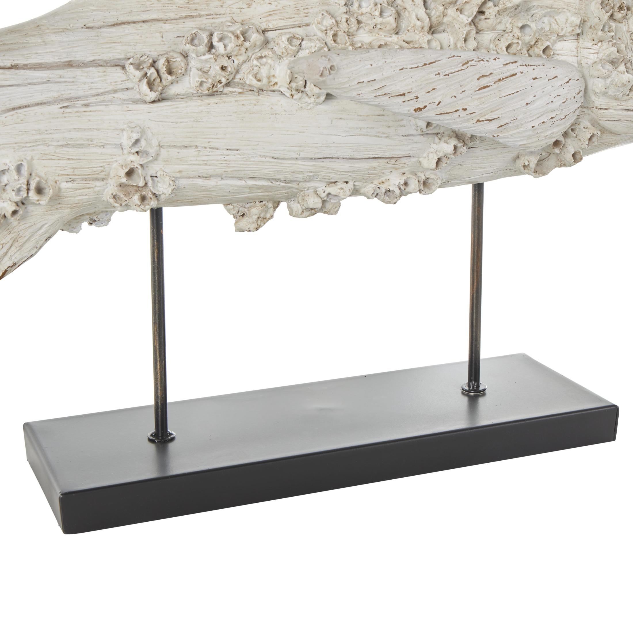44" x 16" Cream Polystone Textured Fish Sculpture with Brown Distressing and Black Metal Stand, by DecMode