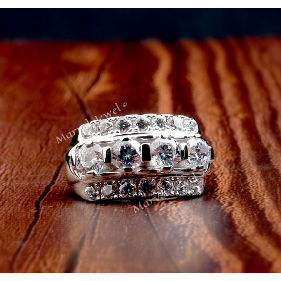 Three Row Diamond Engagement Ring, Men's Wedding Band, Half Eternity Men's Diamond Ring, Pave Set Diamond Ring, 925 Sterling Silver Men's Ring, 2.5 Ct Simulated Diamond, Gift For Boyfriend