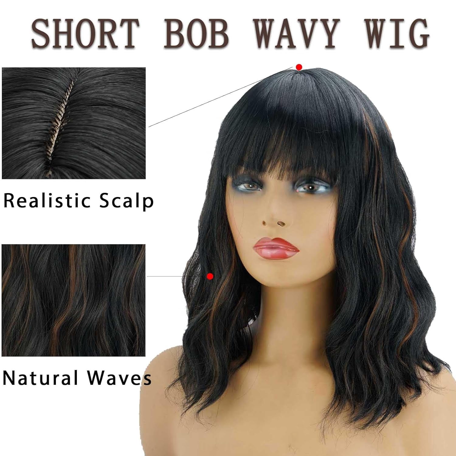 SUCS Black Wavy Wig with Bangs Soft Short Bob Wigs for Women Synthetic Shoulder Length Women's Curly Wigs