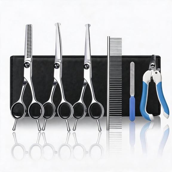 7-in-1 Dog Grooming Scissors Kit, Professional Stainless Steel Shears with Nail Clipper and File for Dogs and Cats