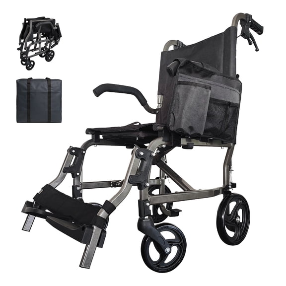 Folding Lightweight Aluminum Wheelchair, Weight only 18 LBS, Sit width 18", Small Folding Volume, Excellent Passability, Convenient Travel Use. Color Dark Gray