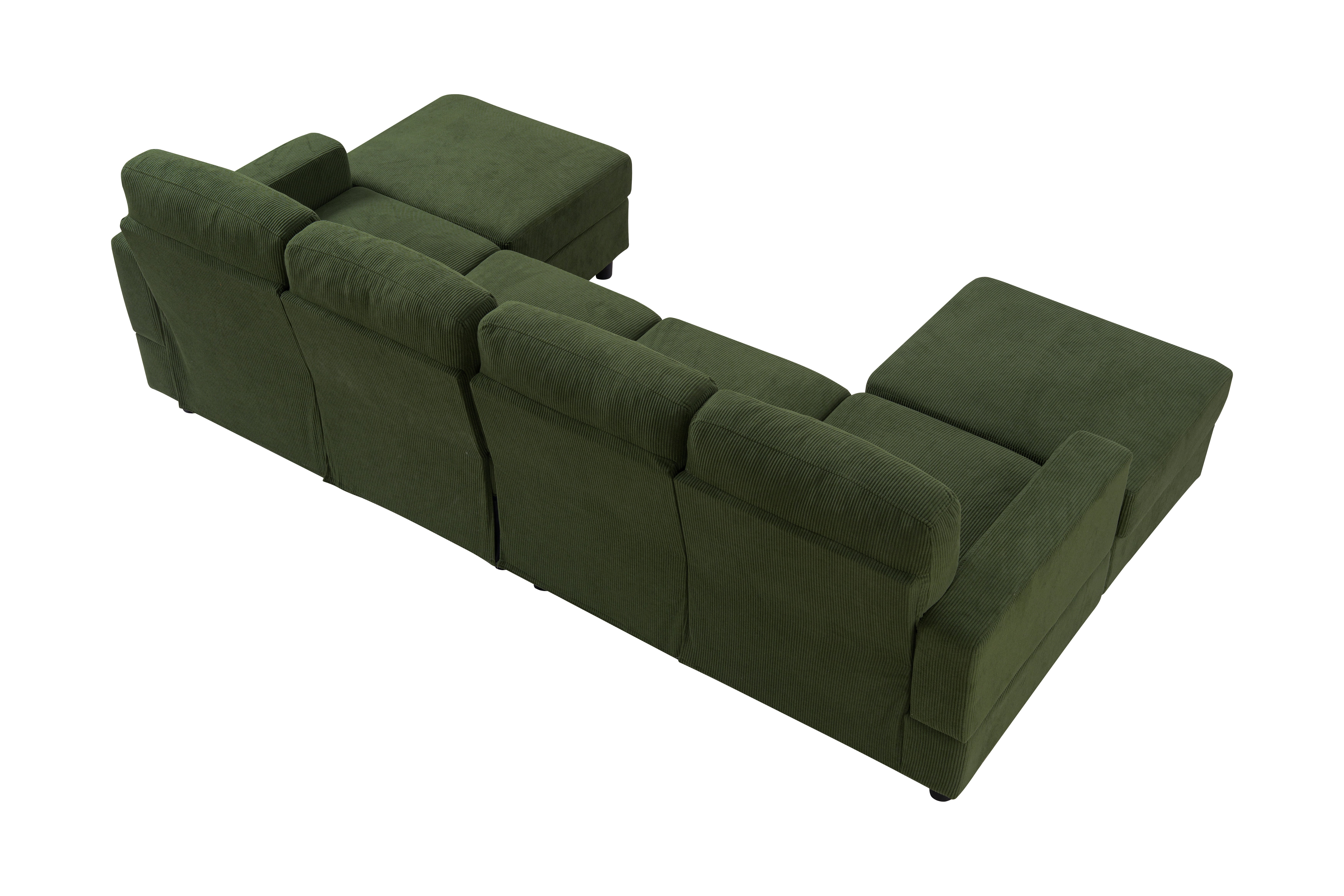 98.8 Inch Oversized U-Shaped Sectional Couch, Corduroy Upholstered 4-Seat Double Chaise Sofa with Thick Padding and Solid Plastic Legs for Living Room Family Room, Green