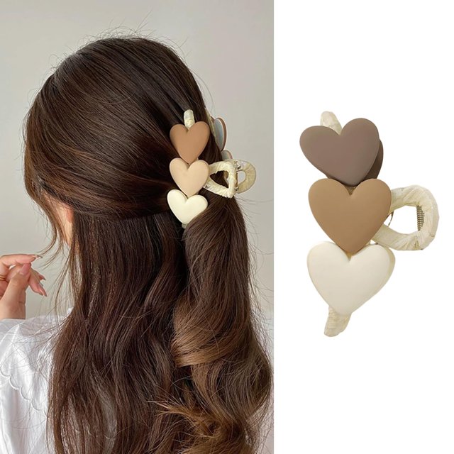 Pinzas para el cabello para el día de San Valentín, pinzas para el cabello con forma de corazón marrón para mujeres, pinzas para el cabello con tres corazones para cabello grueso, pinzas para el cabel