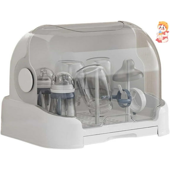 2025 Large Baby Bottle Organizer with Cover ＆ Removable Drain Tray, Dustproof Portable Baby Bottle Drying Rack Reusable Bottle Rack Holder Storage (New B)