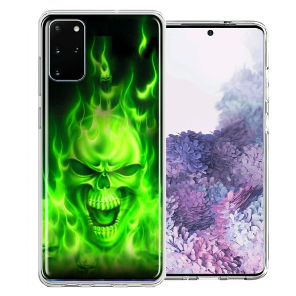 MUNDAZE For Samsung Galaxy S20 Green Flaming Skull Design Double Layer Phone Case Cover
