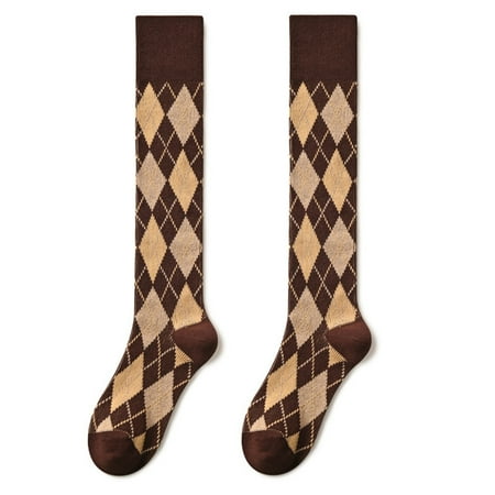 

Women Ribbed Knee High Socks Japanese Preppy Style Vintage Colorful Argyle Diamond Plaid Pattern High Tube Stockings