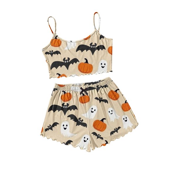 Womens Pajama Sets Halloween Skeleton Print Ruffle Edge Short Sleeve Top Shorts Set Halloween Pajamas for Women Set Yellow L