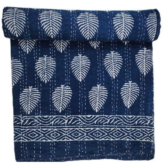 Blue Indigo Leaf Print Kantha Quilt: Hand-Stitched Indian Bedspread