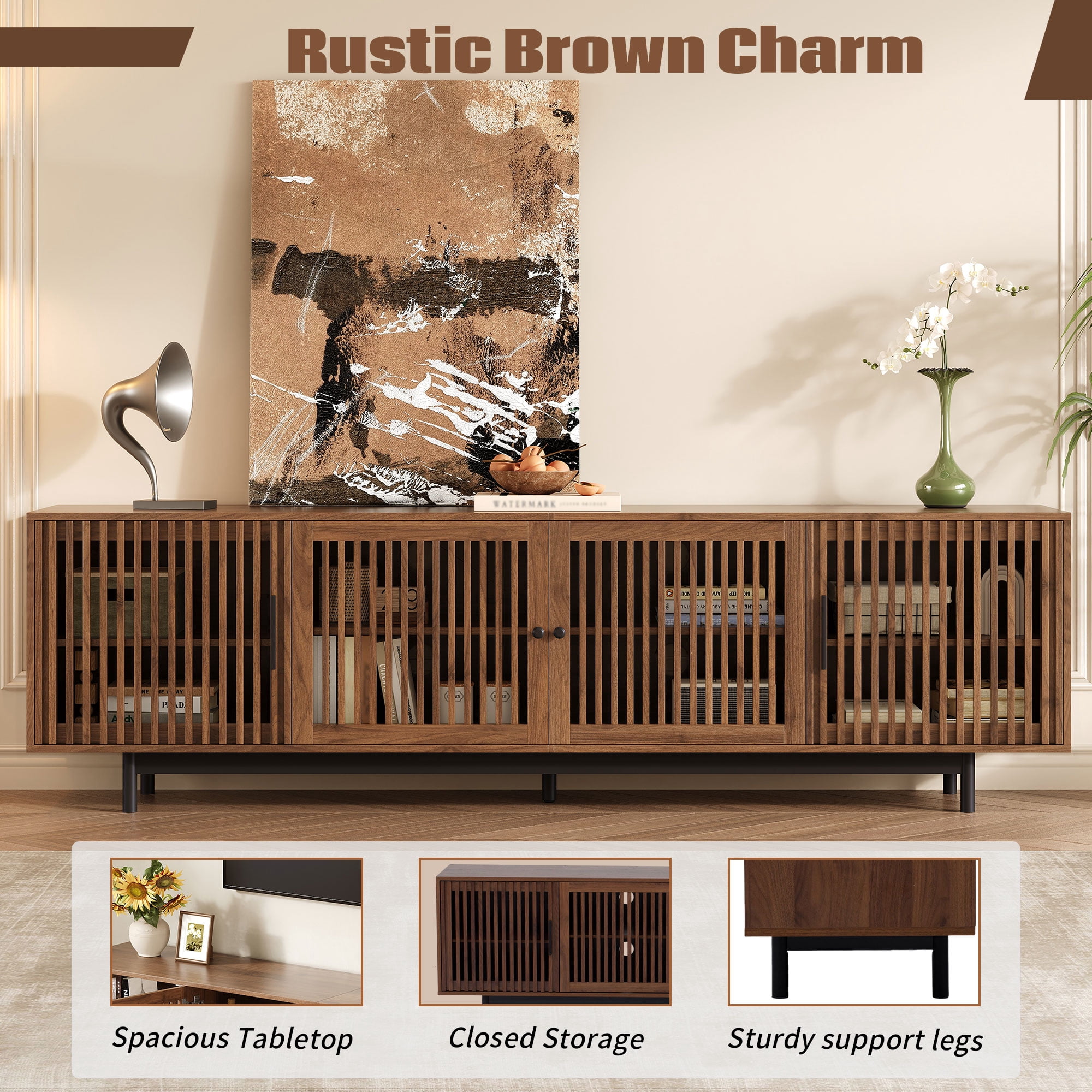 Homy Casa 78.7" Rustic Brown TV Stand for 80" TVs with 4 Slatted Cabinet Doors and Cable Management