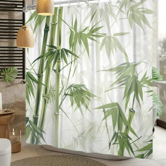 Green Bamboo Shower Curtain Botanical Leaves Fabric Bath Curtains Rustic Bathroom Decor with Hooks 72Wx72L Inch