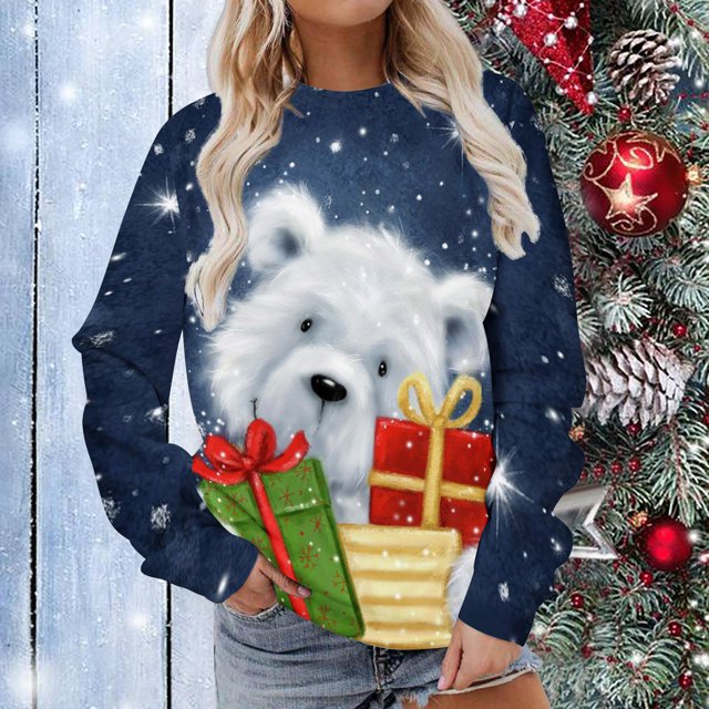 Costumes de Noël en Liquidation Femmes Manches Longues Décontracté Impression de Noël Col Rond Chandail Tunique Hauts Grande Taille Chandail en Molleton pour Femmes