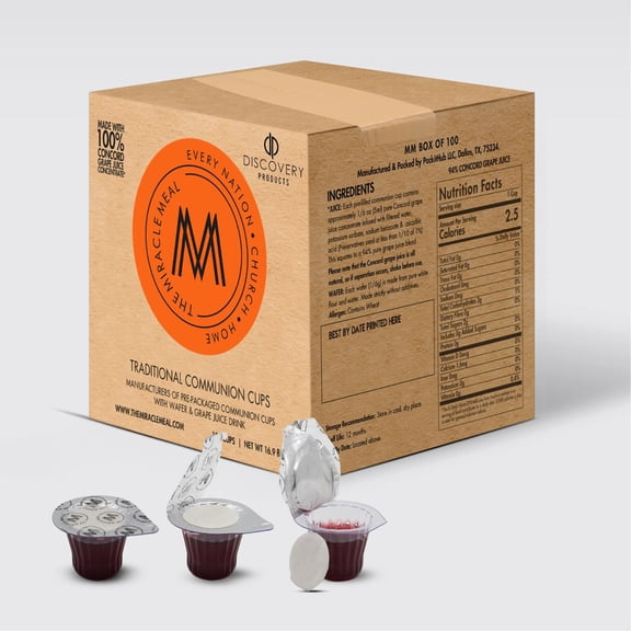 Discovery Products Pre-Filled Communion Cups with Larger Tab and Wafer Set - Box of 100 - Made with Concord Grape Juice & Wafer - Made in the USA