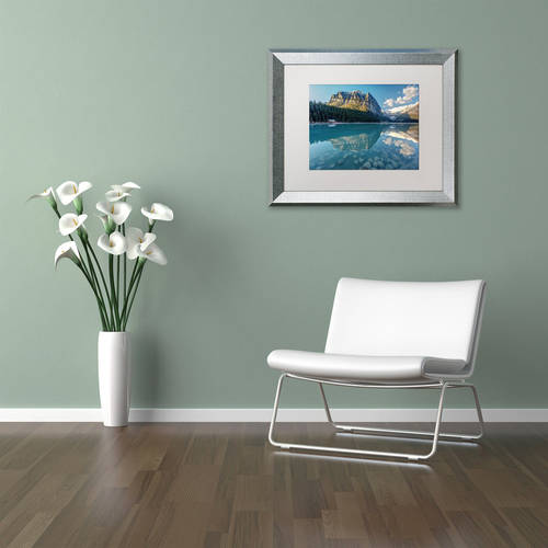 Trademark Fine Art 'Calm Lake Louise Morning' Canvas Art by Pierre Leclerc, White Matte, Silver Frame