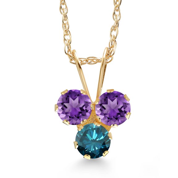 Gem Stone King 14K Yellow Gold Purple Amethyst and Blue Diamond 3-Stone Pendant Necklace for Women (0.30 Cttw, Gemstone February Birthstone, Round 3MM, 18 inch Chain)