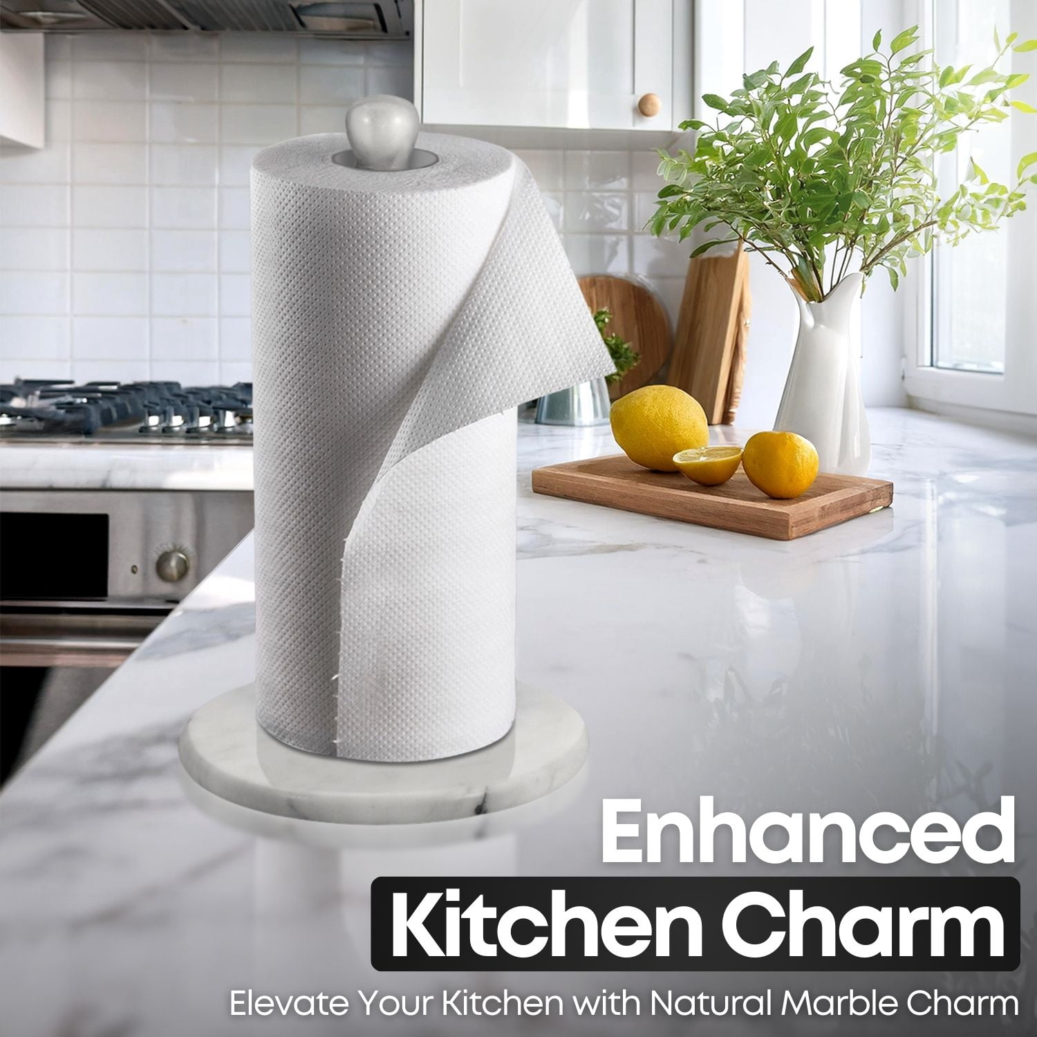 Marble Paper Towel Holder 12 inch (White Marble) Kitchen Paper Towels Roll Dispenser Stand Rack with Marble Pole and Weight Base for Countertop Tables Home Dining Bathroom Storage