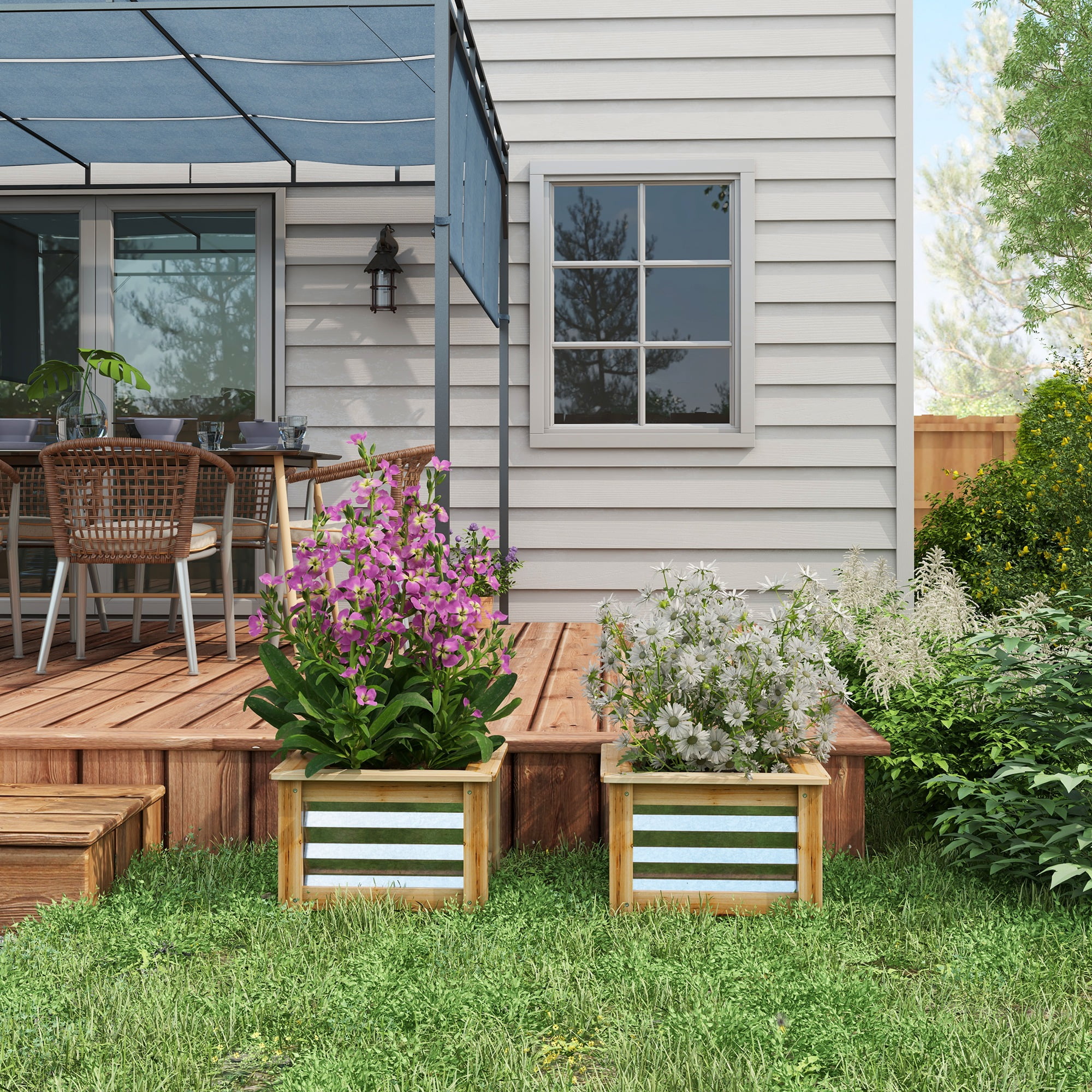 AsterOutdoor Raised Garden Bed Planter Box – Set of 2 – Galvanized Metal with Wood Reinforcement for Flowers, Herbs & Vegetables