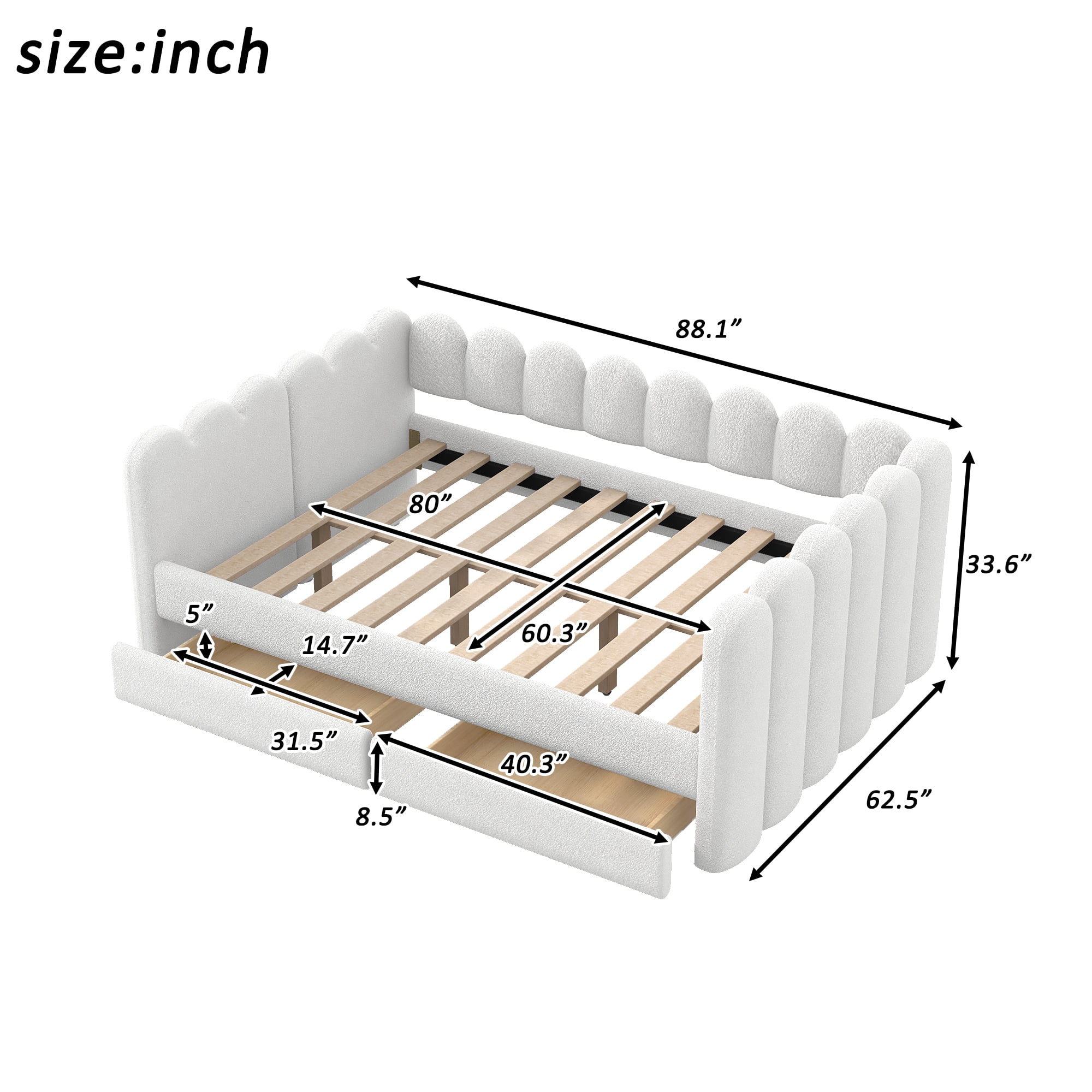 EUROCO Queen Upholstered Daybed with 2 Storage Drawers, Solid Wood Frame, Easy Assembly, Space-Saving Design, White