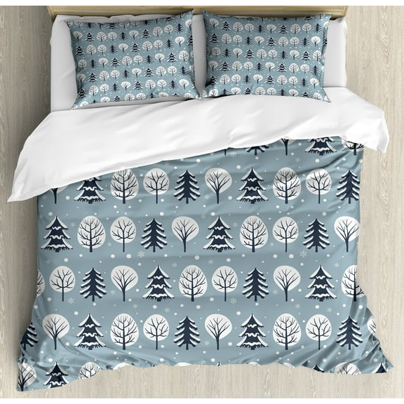Forest Duvet Cover Set, Winter Theme Natural Demonstration Scene of Snowy Trees and Snowflakes Motifs, Decorative 3 Piece Bedding Set with 2 Pillow Shams, Calking Size, Blue Grey, by Ambesonne