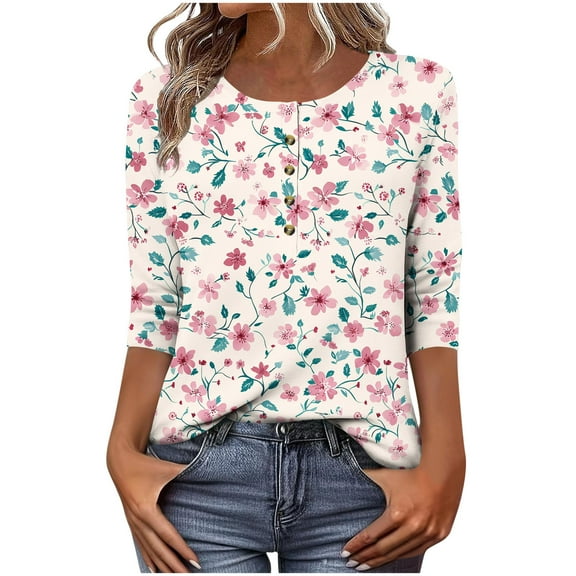 CYMMPU Loose Fit Tunic Tops Boho Blouses for Women Dressy Casual Spring Tops Button up V Neck 3/4 Sleeve Summer Fashion Shirts Floral Pattern Business Elegant Work Topss Pink M