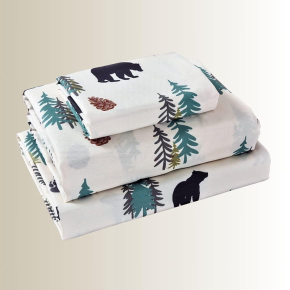 AMAJY Rustic Style Woodland Bear Pine Tree Pinecone Ultra Soft Cabin Lodge Decor Bed Sheet and Pillowcase Set (Queen (U.S. Standard))