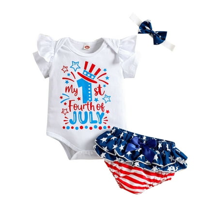 

Chollius 3 Pcs Baby Independence Day Romper Set Letter Bottom Snap Jumpsuit + Layered Ruffle Star Stripes Shorts + Headband