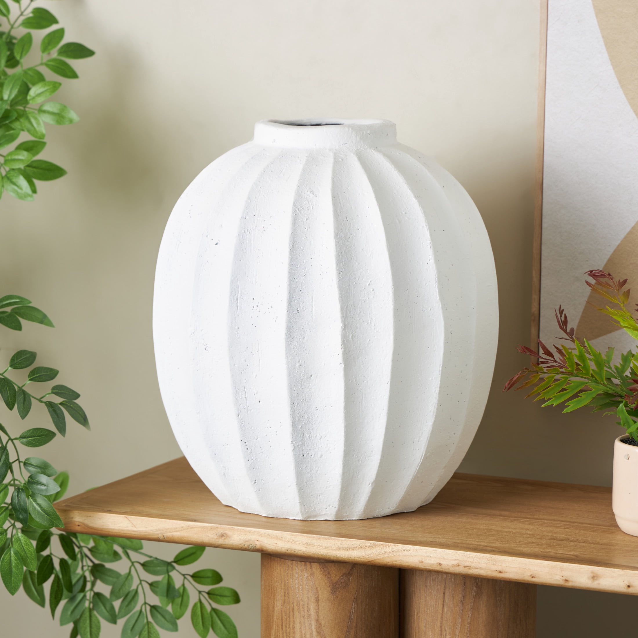 DecMode 18" Wide White Magnesium Oxide Vase with Carved Grooves