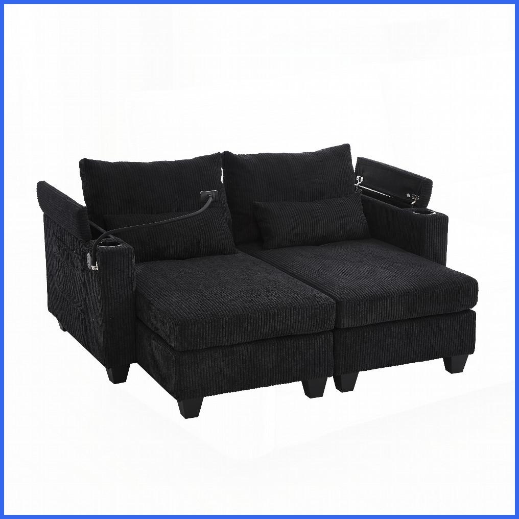 63” Convertible Corduroy Loveseat Sofa Bed with USB Ports & Cup Holders – Modern Compact Design for Living Room/Bedroom, Black