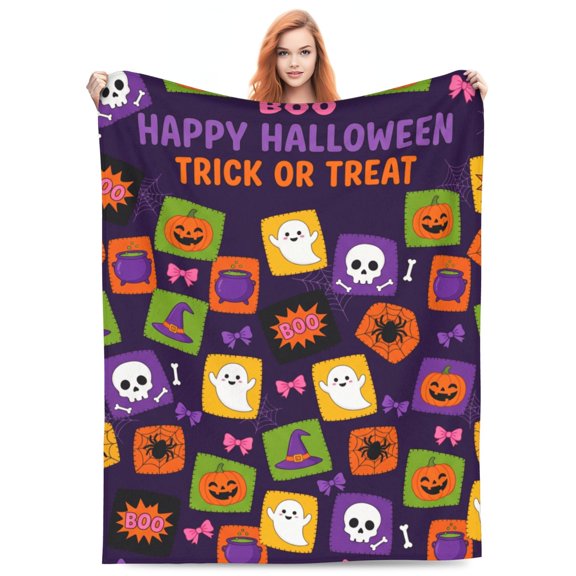 Happy Halloween Throw Trick or Treat Cozy Flannel Blanket, Pumpkin Ghost Washable Fuzzy Throw Blanket for Women and Men, Couch Chair Sofa Dorm Bedroom Home 50x40