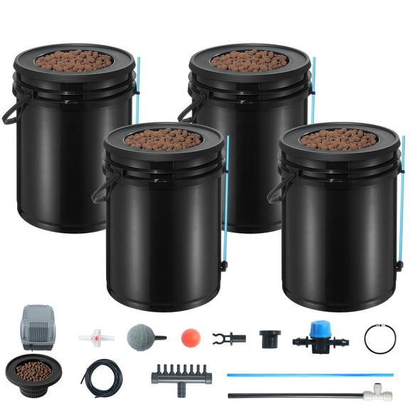 KFFKFF DWC Cultivation Setup, Hydroponic Growth System featuring Drip Kit, Deep Water Culture with 4 Five-Gallon Buckets,inclusive of Air Pump,Air Stones and Water Level Indicator for Foliage Veggies